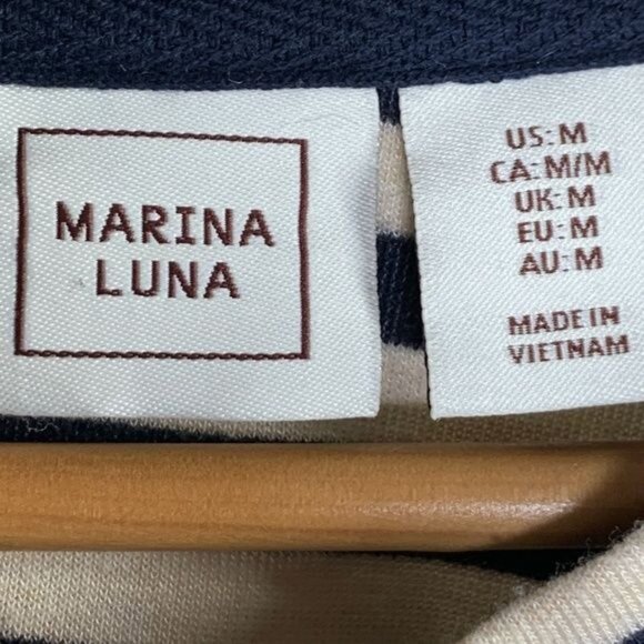 Marina Luna Striped Drop Waist Mini Dress Medium Navy Cream Short Sleeve Casual - Picture 3 of 7